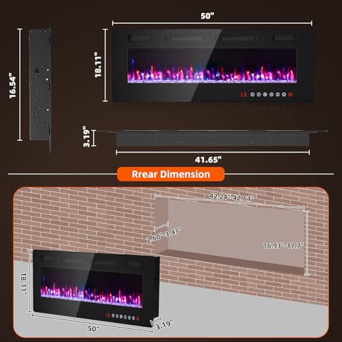 Image of Zionheat 50 inch Ultra Thin Electric Fireplace-Wall Fireplace for Living Room-Fireplace Freestanding /Inserts /Wall Mounted with Remote Control, Timer, Dimmer, 12 Flame Colors, 750 /1500W