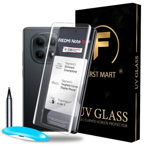 Image of FIRST MART UV Tempered Glass for Redmi Note 15, 9H Full-Glue Curved Screen Protector, HD Clear, Fingerprint Compatible, UV Lamp Included