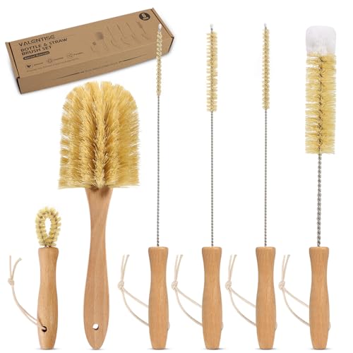 VALENTISE Bottle Brush Set - 6 Pack Sisal Bristle Natural Bottle Brush All in One Bottle and Straw Brush Cleaning Set for Water Bottles Glasses Cups and Lid