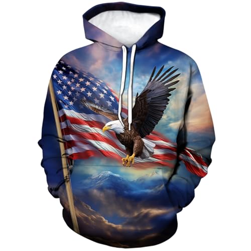 WHNBCW Funny American Flag Eagle Hoodie USA Bald Eagle Graphic Sweatshirt Blue L
