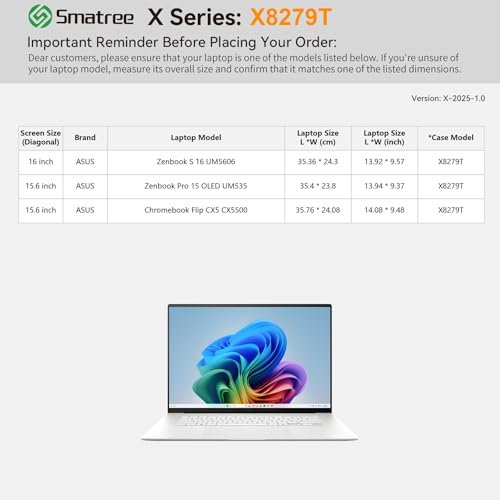 Image of Smatree Hard EVA Protective Sleeve Compatible for 15.6 inch ASUS Chromebook Flip CX5 CX5500, for 16 inch Zenbook S 16 UM5606 Copilot+PC, for 15.6inch Zenbook Pro 15 OLED UM535 Case (X8279T)