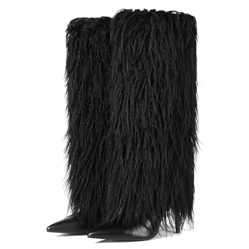 Mandiaupup Fold Over Fur Boots for Women Stiletto High Heel Fringe Side Zipper Pointed Toe Party Wedding Bridal Clubwear Evening Black Faux Fur Knee High Boots Size 10