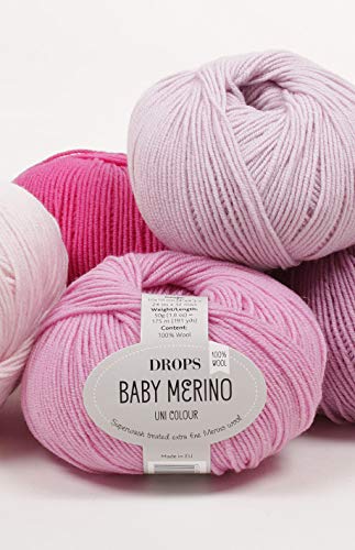 Superwash Merino Wool Yarn Drops Baby Merino, Sport Weight, 5 Ply, 1.8 Oz 191 Yards (07 Pink) #TOP4