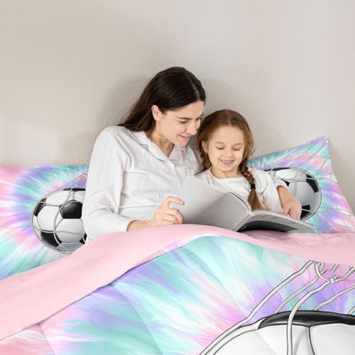 Image of Feelyou Football Comforter Set Full Size Soccer Bedding Set for Kids Boys Girls Watercolor Tie Dye Duvet Quilt Sports Bedroom Decor Microfiber 3 Pcs with 2 Pillow Cases