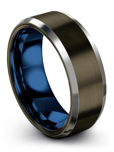 Tungsten Carbide Wedding Band Ring 8mm 6mm for Men Women Blue Black Gunmetal Interior with Beveled Edge Brushed Polished Personalized Custom Engraving Anniversary Engagement