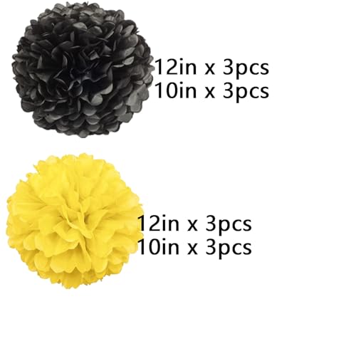 Image of We Moment Black and Yellow Paper Pom Poms for Wedding Birthday Party Decoration - Ceiling Wall Hanging Tissue Flowers - 12pcs 2 Colors of 12 Inch 10 Inch