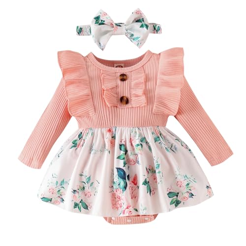 Image of GDTOGRT Baby Girl Clothes Newborn Infant Outfits Ruffle Romper One-piece Bodysuit Clothing with Bow Headband Sets for Girls