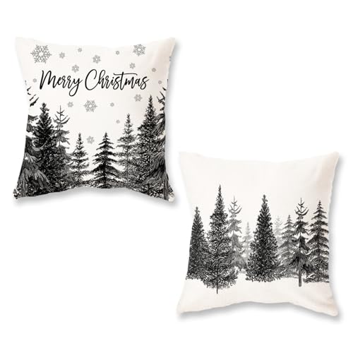 ONWAY Juego de 2 fundas de almohada de árbol de Navidad de 18 x 18 pulgadas, diseño de copo de nieve, decoración de invierno, fundas de cojín lumbar para sofá, decoración del hogar, color negro