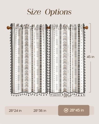 Image of Miss Adola Boho Kitchen Curtains - 45 Inch Length Linen Blend Modern Striped Cafe Curtains Tassels Tier Curtain Short Drapes Rod Pocket for Bathroom Living Room Windows Light Filtering, 2 Panels