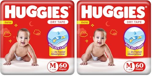 Image of Huggies Complete Comfort Dry Tape Medium (M) Size Baby Tape Diapers, 60 count, with 5 in 1 Comfort (Pack of 2)