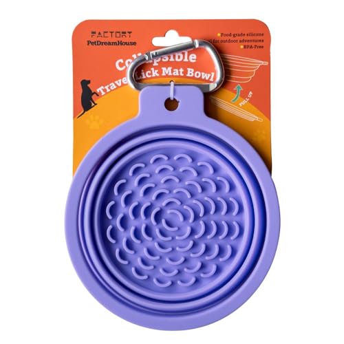 PetDreamHouse Collapsible Silicone Travel Dog Bowl with Lick Mat Bottom & Carabiner, Purple – Holds Up to 3 Cups, Medium Portable Food & Water Bowl for All Dog Sizes, BPA-Free for Hiking & Travel