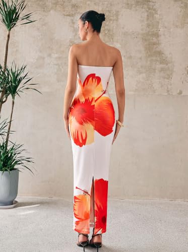 Image of PRETTYGARDEN Women Summer Strapless Maxi Dress Bodycon Floral Sexy Long Wedding Guest Dress Formal Tube Mesh Cocktail Dresses
