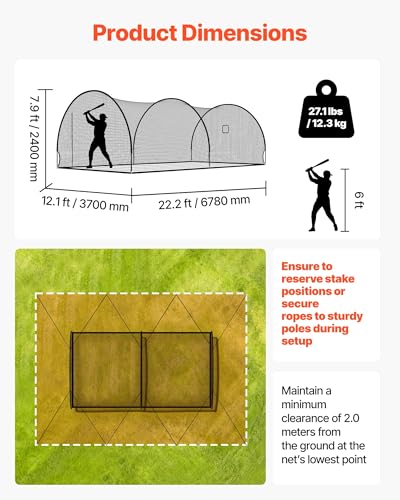 VEVOR Baseball Batting Cage, 22.2 x 12.1 x 7.9 FT Fiberglass Portable Batting Cage, Hitting Cages with 4-Ply Knotless Polyester & Pitching Machine Opening, Battings Cages Netting for Indoor Outdoor