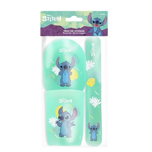 Disney Stitch – Trio Becher Reise – Zahnbürstenetui, Becher, Seifenschale – robuster Kunststoff – praktisches Design – Zubehör für das Badezimmer für Kinder – offizielles Produkt Disney