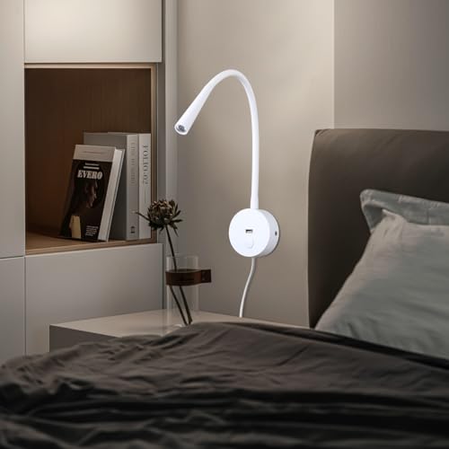 Image of Wall Mounted Reading Lamp USB Charger Matt White LED 3W Warm White 3000K Plug for Reading (White USB Charger Dimmer 2pcs)