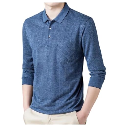Men's Solid Color Polo Shirt Business Office Casual Long Sleeve Button Down Collared Golf Top, Blue, XL