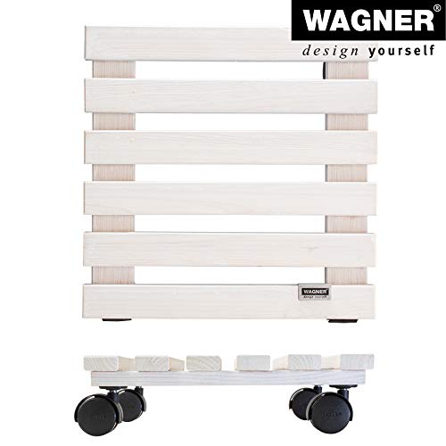 Wagner Pflanzenroller Nature 29 x 29 x 8 cm I Pflanzenroller für Innenbereich I Blumenroller aus FSC®-Massivholz, weiß I Kübelroller aus Holz I Tragkraft 100 kg I Made in EU - 20083001