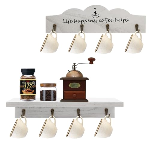 LYFJXX Soporte de pared para tazas de café, soporte de pared con 8 ganchos, 2 piezas de madera para tazas de café con signo de café, colgador de taza de té para bar, cocina, organizador de pantalla,