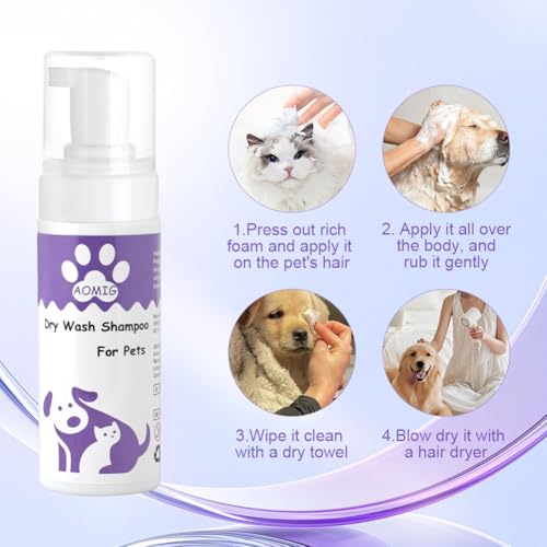 Aomig Wasserloses Trockenshampoo für Hunde Katzen Kleintiere Schnelle Sanfte Reinigung mit Pflegenden Pflanzenextrakten Ohne Alkohol Schaumformel Rückstandsfrei für Reisen empfindliche Haut (150ml)