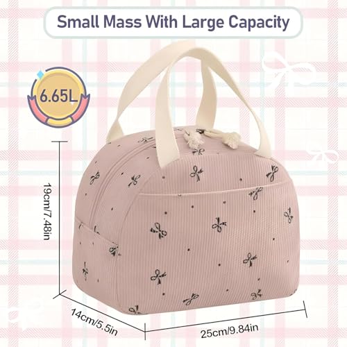 Image of SVH Corduroy Thermal Lunch Bag for Women & Kids | Large Capacity Insulated Lunch Tote with Front Pocket, Strong Handles & Zipper for Office, School, Picnic & Travel (Corduroy Bear Pink)