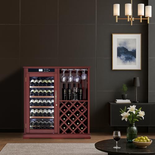 Image of KEIKI Freestanding Wine Refrigerator with Wood Cabinet, 69 Bottle Single Zone Wine Cooler, Humidity Control Tempered Glass Door, LED Light Lockable Pull-Out Shelves, for Home Bar Kitchen, Cherry