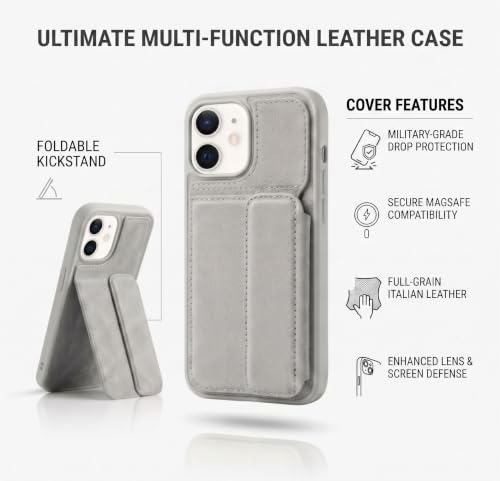 Image of amazon basics Luxury Vegan Leather Back Cover for iPhone 12 | Built-in Card Holder Slot | Integrated Mobile Stand | Slim Shockproof Protective Case with Stitched Finish - Gray
