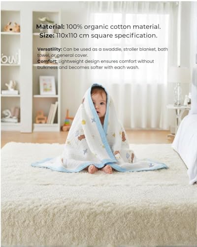 Image of Kassy Pop Printed 6 Layer Bamboo Muslin Blanket Cum Swaddling Towel for Baby, Toddlers | 70% Bamboo, 30% Cotton | AC Quilt, Multi-Purpose Blanket | 110cm x 110cm (Multicolor Print)