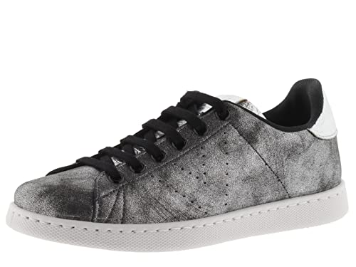 Victoria 1125300-WOMEN Basket Basse Tenis CRAQUELURE Effet Brillant MÉTALLISÉ & Logo DÉCOUPÉ Plateau Femme Antracita 37