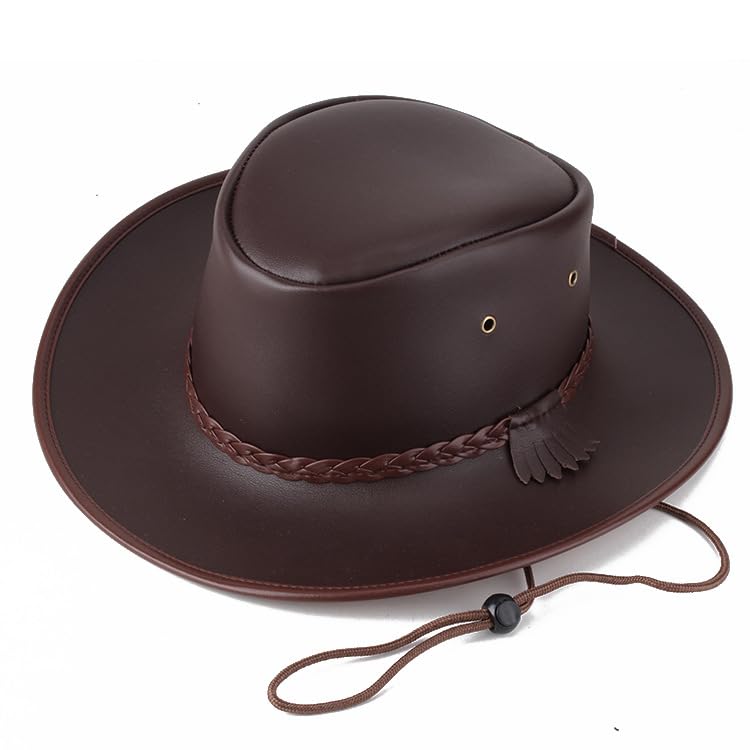 Cappello da cowboy occidentale in vera pelle, unisex, a tesa larga, con fibbia, confezione regalo