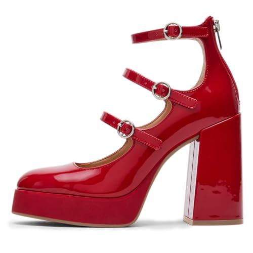 Milooey shoes Women's Round Toe Platform Mary Jane Triple Ankle Strap Chunky High Heel Pumps Back Zipper Dress Cute Party Shoes Size 4-16 Us2
