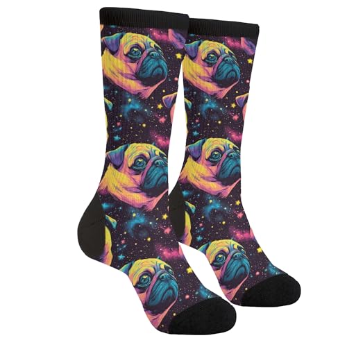 SHBYYGR Colorful Starry Sky Pug Dog Funny Novelty Crew Socks Casual Athletic Sport Crazy Dress Sock For Women Men