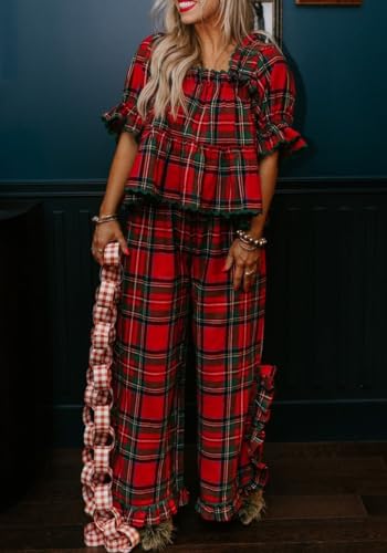 Image of Argeousgor Women Plaid 2 Piece Pajama Set Button Down Puff Sleeve Babydoll Shirt Gingham Pants Pj Lounge Set Sleepwear