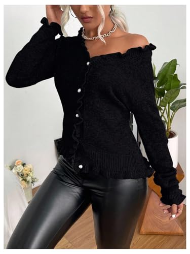 Image of Verdusa Women's Ruffle Trim V Neck Button Down Long Sleeve Knit Cardigan Sweater