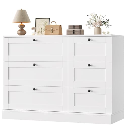 Image of HOSTACK 6 Drawer Dresser, White Dresser for Bedroom, Wood Wide Chest of Drawers, Modern Drawer Chest for Living Room, Entryway, Hallway, White