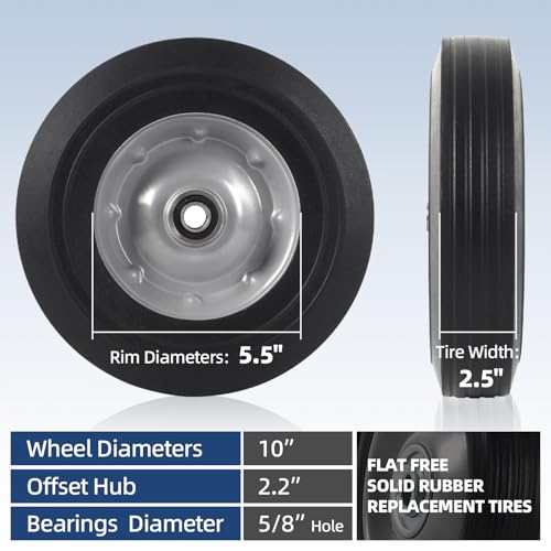ar-pro 2-pack 1034 x 2534 flat free solid rubber replacement tires - flat-free tire and wheel for hand trucks and wheelbarrows with 5834 axles