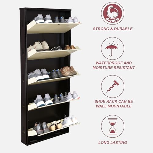 Image of Metal Shoe Rack Wall Mounted for Home with Central Locking 5 Door 28 inch Wall Mounted Metal 15 Pair Shoe Rack Cabinet Pre-Assembled Rack Shelves 3 Year Warranty (Brown & Ivory)