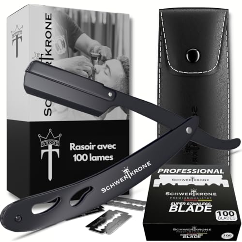Schwertkrone Kit de Rasage Barbier Professionnel Noir - Inclut Rasoir Manuel, 100 Demi-Lames Derby...