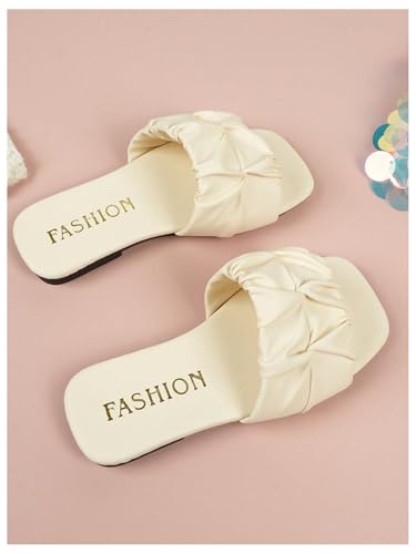 GORGLITTER Girl's Ruched Square Toe Flat Sandals Dressy Leather Cute Boho Beach Slide Sandal4