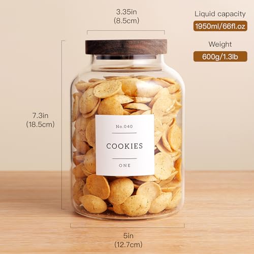 Set Of 2 Large Glass Jar with Wooden Lid with 132 Labels, Glass Storage Jars for Flour Pasta Candy Coffee Cookie and More(70 FL OZ/2000 ml)