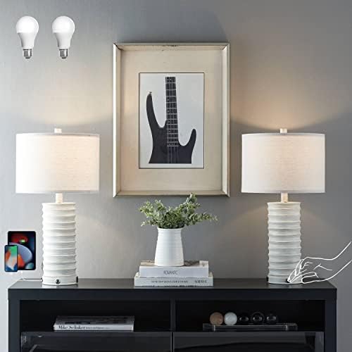 Kyrid 3-Way Dimmable Touch Control 22.5'' Rustic Table Lamp Set of 2 White Table Lamps with USB Port and AC Outlet for Living Room Bedroom(Bulbs Included)