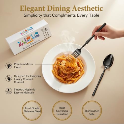 Image of Classic Black 12 Pcs Stainless Steel Cutlery Set for Dining Table, Dishwasher Safe Glossy Flatware