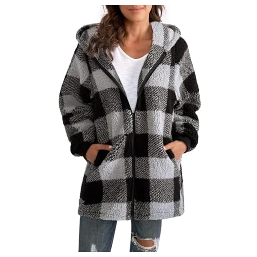 ABINGOO Damen Teddy Fleece Mantel Kariert Warm Winterjacke Kapuzenjacke Flauschig Plüschjacke Reißverschluss Sweatshirt mit Kapuze und Taschen(Schwarz,XL)