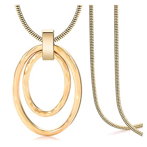 Long Sweater Chain Double Circle Pendant Necklace Bold Snake Chain Women Statement Necklace (Gold-tone)