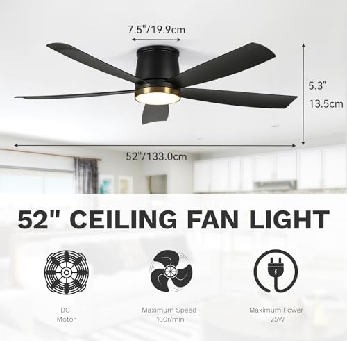 DWVO 52 Inch Ceiling Fans with Lights, Flush Mount Ceiling Fan with Remote Control, 3CCT Dimmable LED, Quiet Reversible DC Motor, 6 Speeds, 5 Blades Ceiling Fan for Bedroom, Living Room, Dining Room