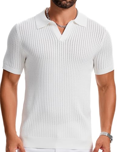 Mens Polo Shirts Ribbed Hollow Knit Polo Shirt Short Sleeve Muscle V Neck Golf Tees3