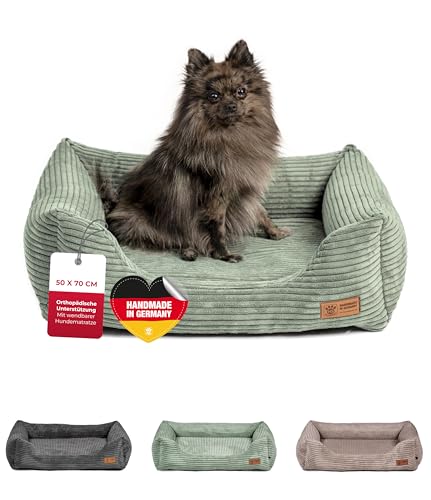 HS-Hundebett® Kuschelbett Deluxe Cord S (60x75 cm) – Orthopädisches Hundebett Grün für mittelgroße Hunde – Memory Foam, waschbar, rutschfest – Made in Germany