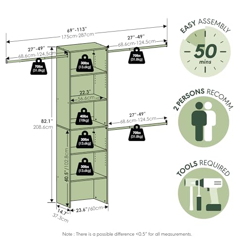 Image of Furinno FANO Closet Organizers and Storage, 5-Tier Wide Closet Storage Organizer with 3 Hanging Bars and Adjustable Shelf, Wardrobe Closet Shelf Tower, 14.8 x 23.6 x 82.1 for Bedroom, White
