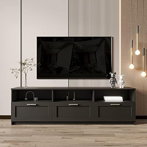 LETESA Modern Minimalist Wooden TV Stand, Media Console Entertainment Center with Drawers and Open Shelves, TV Cabinet for Living Room, Bedroom, Office (Black) Cover