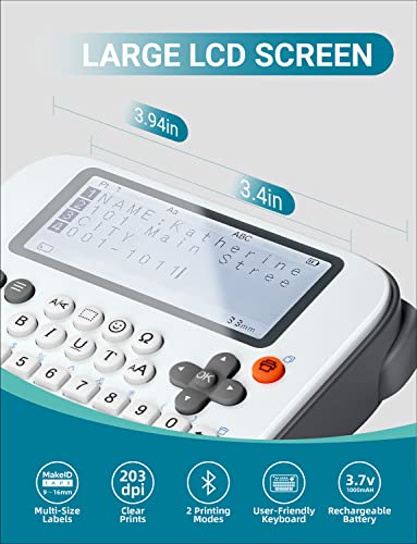 Makeid E1 Portable Label Maker - Bluetooth Compatible Thermal Printer - Qwerty Keyboard, 4.42" Lcd Screen - Prints 9Mm, 12Mm, 16Mm Clear Waterproof Sticker Labels - Includes Usb Cable #TOP1