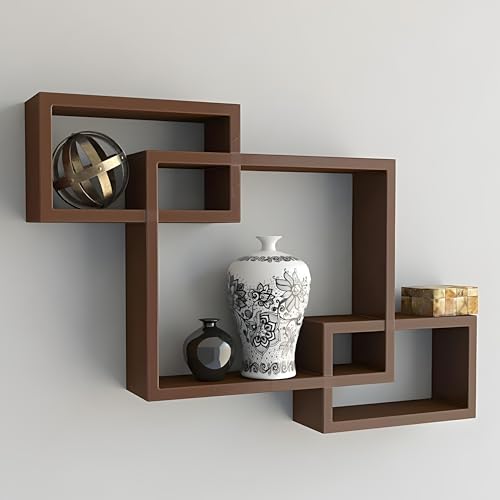 Dime Store Interlock Engineered Wood Wall Mount Wall Shelf for Living Room and Home Wall Decor Items (Set of 3, Brown)